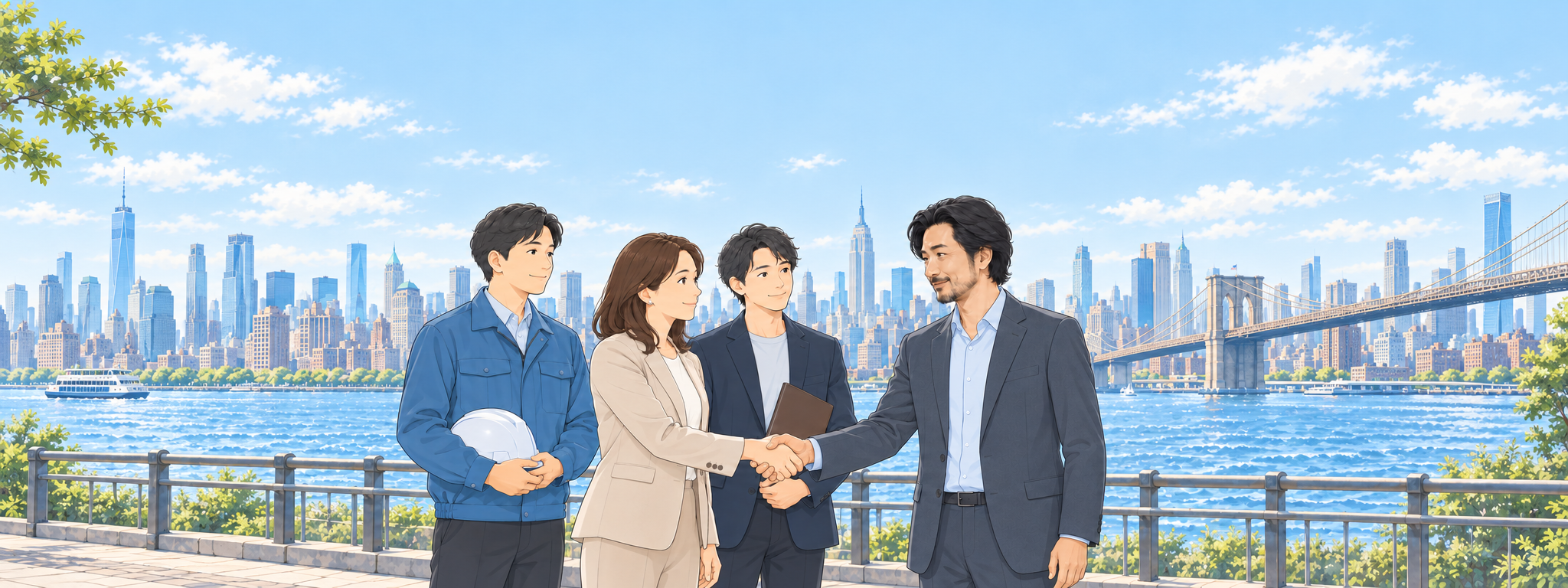 ニューヨークを背景に、さまざまな業種の日本人担当者とMIRAI代表が向き合い、握手するイラスト。