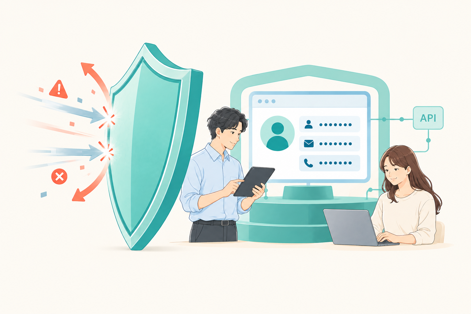 不正アクセスを盾で跳ね返し、個人情報を扱うアプリとAPI、その内側で穏やかに働く人を守るイラスト。